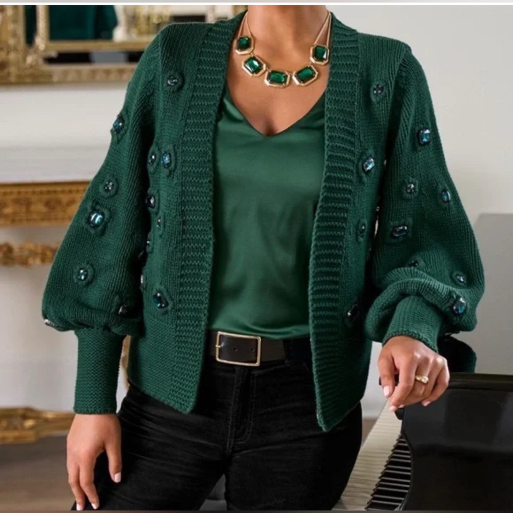 Boston Proper Green Gem Embellished Cardigan Size M